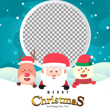Merry Christmas Background with cute Santa and friends on winter landscape.blank photo.Holiday Social media post,Christmas sale, greeting card template vector.