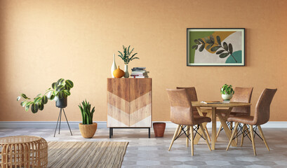 Cozy living room with wood furniture and clay colored walls, 3d rendering 