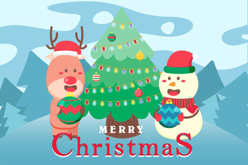 Merry Christmas Background with deer and snowman hold christmas ball. christmas tree. scene winter landscape