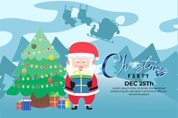 Christmas Party Background with cute santa get gift on scene winter landscape. Christmas Tree