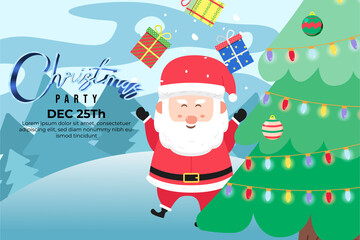 Christmas Party Background with cute santa get many gift. Christmas Tree. scene winter landscape