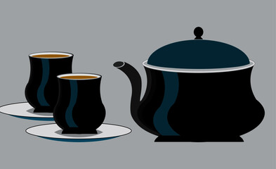 Tea cups and teapot vector artwork in black color, white background