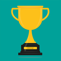 Winners gold cup vector illustration. Gold Trophy awarded as prize for champion victory win on a colourful background.