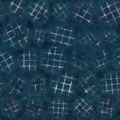 Lux navy and white iridescent geo seamless pattern. High quality illustration. Geometric shapes overlayed with holographic faded blurry colors and blobs in a marble like pattern. Futuristic design.