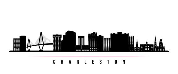 Naklejka premium Charleston skyline horizontal banner. Black and white silhouette of Charleston City, South Carolina. Vector template for your design.