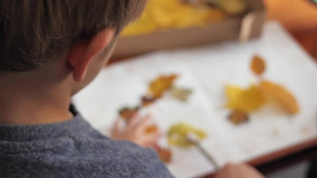 Child paints a picture of autumn. It uses real leaves. She sticks the leaves to the card. Mom applying glue. They work together. Bokhe.