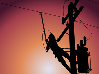 Silhouette of power lineman uses a clamp stick grip all type to install the line cover on energized high-voltage electric power lines. To change the lightning arresters that is damaged.