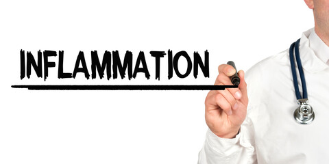 Doctor writes the word - INFLAMMATION. Image of a hand holding a marker isolated on a white background.
