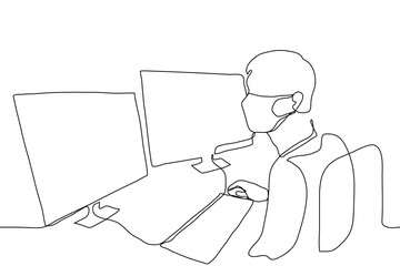 man in a mask sits in front of two monitors (computers), his hand is on a computer mouse, he looks at one of the screens. one line drawing of a man wearing a protective mask