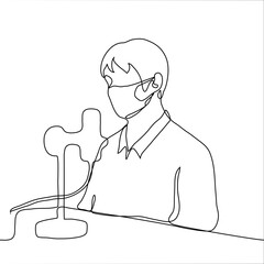 man is broadcasting while sitting in a mask behind a professional microphone. one line drawing concept of podcast recording, radio broadcasting, professional music recording, dubbing or sounding