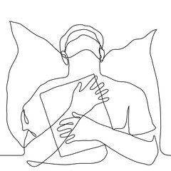 student in a mask fell asleep while sitting with a book in his hands. one line drawing a tired schoolboy lay down on a pillow hugging an open textbook. concept distance learning, self-education