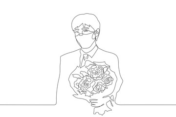 man in a mask, business suit and tie holds out a bouquet of roses to the observer. one line drawing concept of gift, declaration of love, romantic gesture