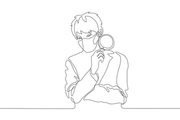young man in a jacket and a protective mask has crossed his arms and holds a magnifying glass at the ready. One line drawing concept of analysis, careful observation and study
