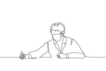 man in a jacket and a protective mask signs a document (agreement, contract). one line drawing man puts signature on paper