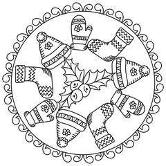 Coloring page mandala for kids. Winter coloring book with warm knitted mittens, hat, socks and Holly leaves and berries.