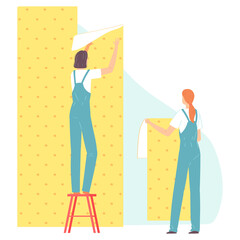 Workers gluing wallpaper. People making house or home apartment interior renovation. Cartoon flat woman builder characters. Vector illustration.