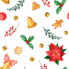 Watercolor Christmas seamless pattern with toys, gingerbread, bells on a white background. For packaging, invitations, greeting cards, textiles.