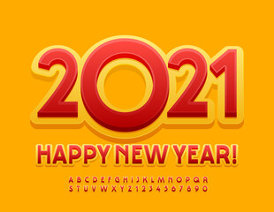 Vector greeting card Happy New Year 2021! Elegant bright Font. Modern Red and Yellow Alphabet Letters and Numbers set