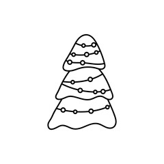 Coloring Page for kids, Decorated Christmas tree . Hand drawn Vector black and white illustration on a white background