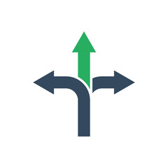 three way arrows with green forward direction, vector icon