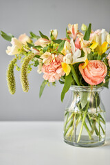 Bouquet 005, step by step installation of flowers in a vase. Flowers bunch, set for home. Fresh cut flowers for decoration home. European floral shop. Delivery fresh cut flower.