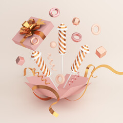 Happy new year 2021 background concept with opened gift box, firework rocket, ribbon, 3D rendering illustration