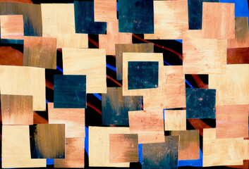 Painting, contemporary Modern Art. blue pink orange beige black gradient, gouache acrylic paint in collage mosaic technique, abstract texture hand drawn background for your design.
