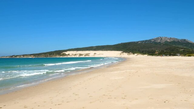 Panorama of the big dune of Valdevaqueros in Tarifa and Punta Paloma and Valdevaqueros beaches. Impressive nature landscape of the coast of Cadiz in Andalusia, Spain
