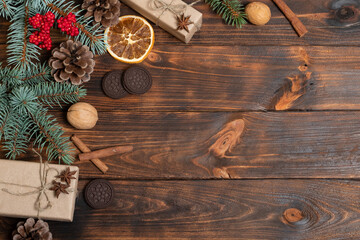 Christmas present, gifts. Christmas card. New Year's composition. Christmas tree, gifts, pine branches. Flat lay, top view.