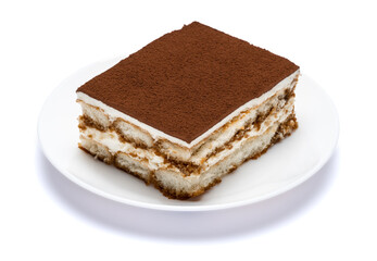 Traditional Italian Tiramisu square dessert portion on ceramic plate isolated on white background with clipping path