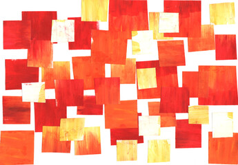 Painting, contemporary Modern Art. red yellow orange white gradient, gouache acrylic paint in collage mosaic technique, abstract texture hand drawn background for your design.