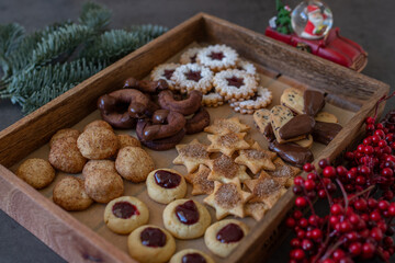 Traditional home made German Christmas Cookies on a festive table