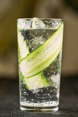 Fresh gin tonic cocktail with cucumber in a glass
