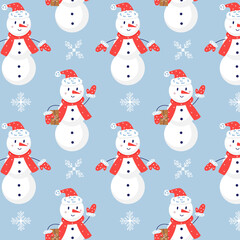 Christmas snowman seamless vector pattern. Christmas gift blue background