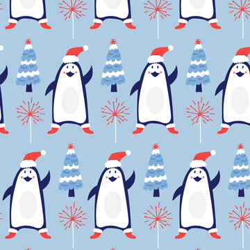 Seamless vector pattern Christmas penguin and herringbone. Christmas gift blue background