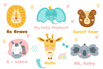 Safari animal heads set Baby animal head cute animals ant text. Zebra, bear, koala, lion, elephant, giraffe. Kids vector