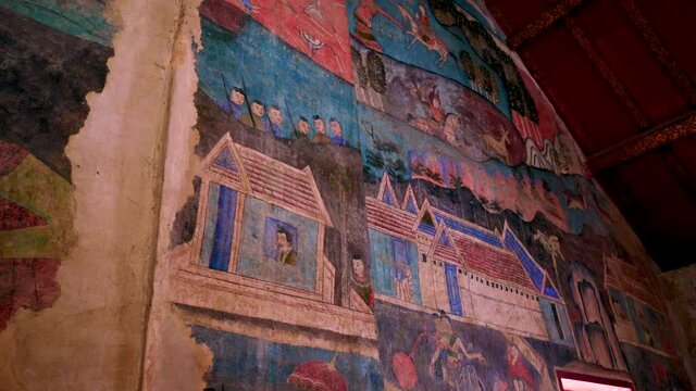 4K Video of Ancient Drawing on The Wall at Phumin Temple, Nan province.