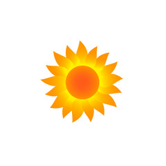 Bright hot sun or burning sunflower icon. Isolated on white. Hot summer weather.