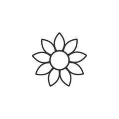 Black flat icon of sunflower. Bloom with big sharp petals and round core.