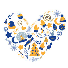 Large Christmas set with heart-shaped festive elements in childish Scandinavian hand-drawn style.