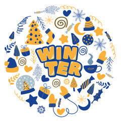 Large Christmas set with festive elements in the shape of a ball in childrens Scandinavian style, hand-drawn and winter