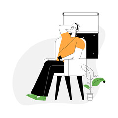 Young guy sitting or relaxing in armchair, listening music