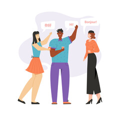Man says Hi, woman says Bonjour or says chinese Hello