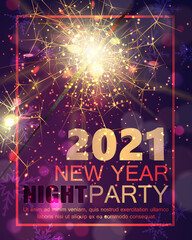 2021 happy new year banner, poster, holiday dark purple, pink background. Celebrate night party, sparkler little gold fireworks. Merry Christmas holiday design, decor. Vector illustration.