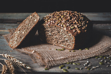 Delicious homemade rye bread with pumpkin seeds.