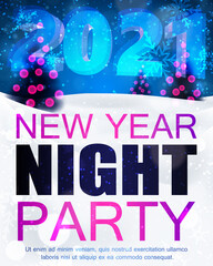 Poster with Christmas night background with fir trees and snow, dark blue sky. Happy New Year Party Poster with ice number 2021. Holiday Greeting Card, Invitation, Menu Design Template, decor. 