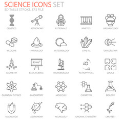 Science editable stroke icons set for your website, logo, app, UI, product print. Science concept flat Silhouette vector illustration icon. Editable stroke icons set