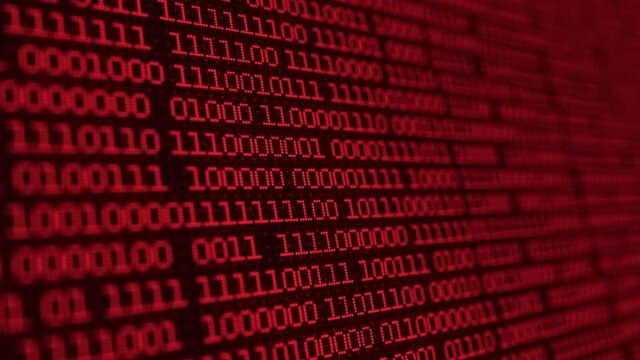 Binary code background with red digits moving on screen. Algorithm binary, data code, decryption and encoding.