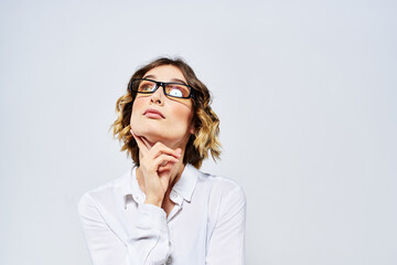 Woman business finance glasses work office light background portrait model