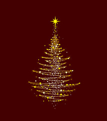 Christmas tree shining golden. Christmas tree with a star on a dark red background. Abstract Christmas tree for cards for Christmas 